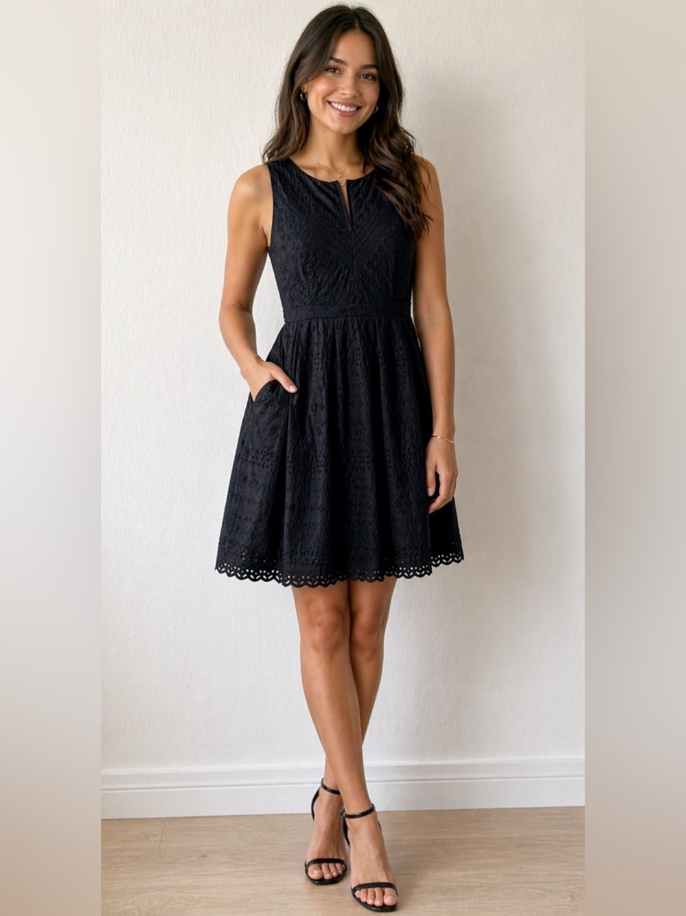LOFT Cute Black Sleeveless Eyelet A-Line Tunic, Size 14